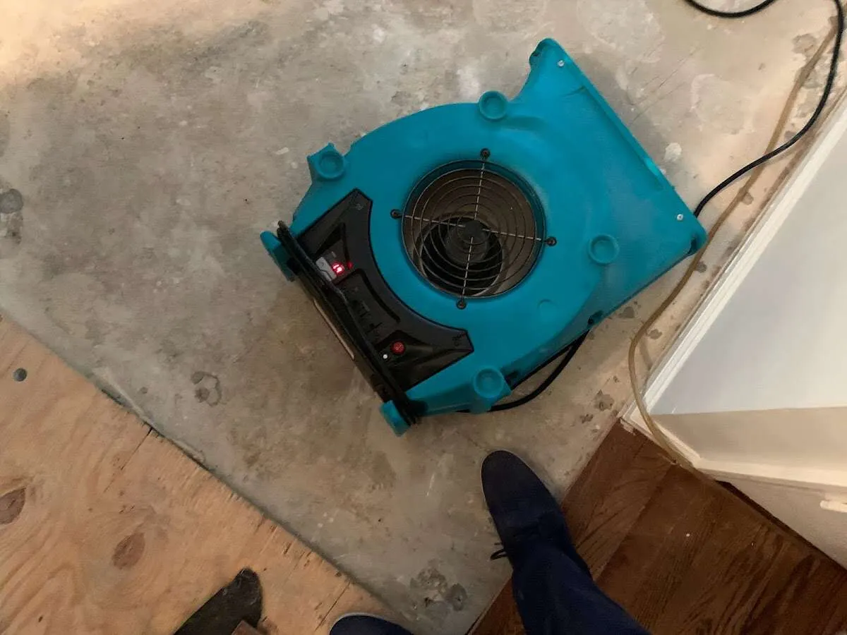 Air mover drying subfloor during Commercial Water Damage Restoration in Lake Oswego